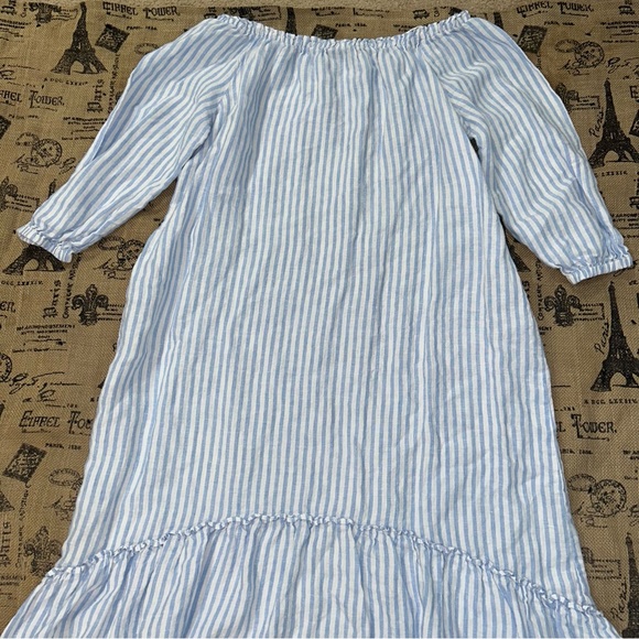 Saks Fifth Avenue 100% Linen Blue White 3/4 Sleeve Off Shoulder Maxi Dress - Picture 5 of 16